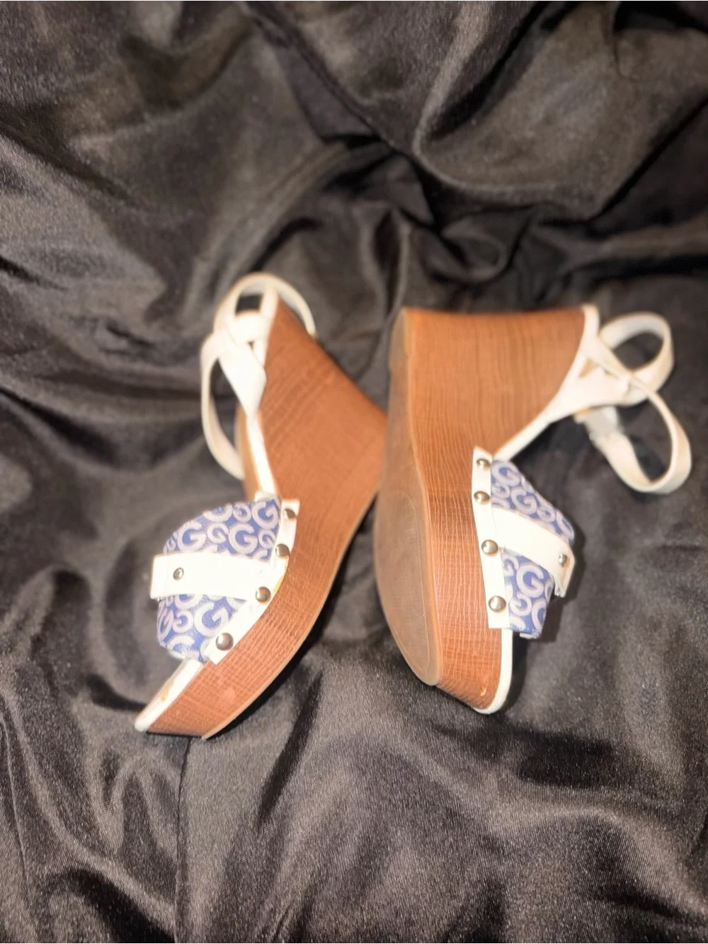 G by Guess White and Blue Logo Print Wedge Sandals